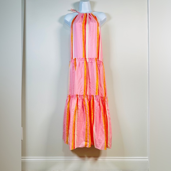 Club Monaco Striped Pastel Maxi Dress Perfect For Vacation 100% Silk Size 12 NWT - Picture 4 of 13